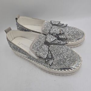 Muguan 245 Womens Glitter Bowtie Loafer Slides Silver Rhinestone Shoes US Size 8